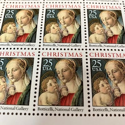 MNH Plate Block of 50 .25 Cent stamps, Botticelli Madonna & Child 1988 Christmas - Image 1 of 4