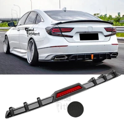 For Honda Accord 2018-2022 Carbon Fiber Rear Bumper Diffuser Lip w/LED Red Light - Image 1 of 4