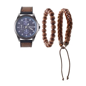 American Exchange Men's Brown PU Leather Strap Watch 47mm Gift Set - Picture 1 of 3