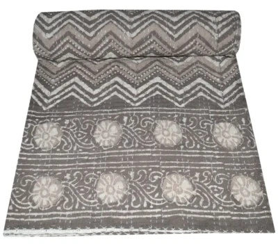 Handmade Block Kantha Embroidery Queen Blanket Throw Indian Bedspread - Image 1 of 4