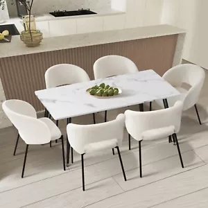 Oikiture 120cm Rectangle Dining Table with 6PCS Dining Chairs Sherpa White - Picture 1 of 10