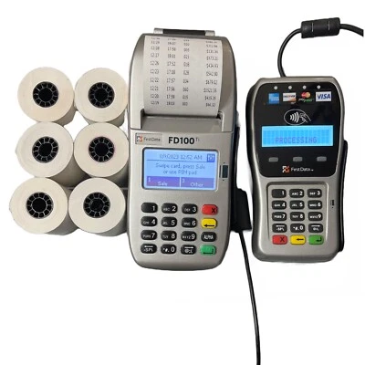 First Data FD130 DUO Credit Card Machine with FD35 EMV NFC PIN pad  & 6 Rolls - Image 1 of 4