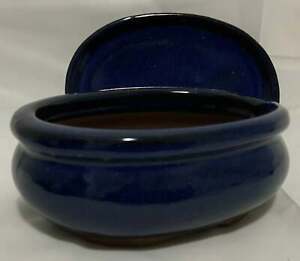 5" Glazed Ceramic Bonsai Pot & Matching Tray ~ Pot Belly Oval Midnight Blue