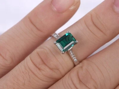 Impresionante anillo de boda de diamantes esmeralda natural de 1,60 quilates de oro blanco real de 14 quilates talla 7 Foto 1 de 4