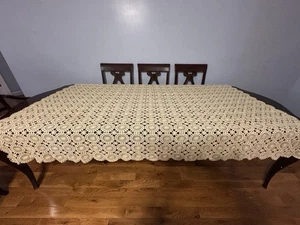 Vintage Handmade Crochet Lace Tablecloth 87”x62” Rectangular Ivory - Picture 1 of 6
