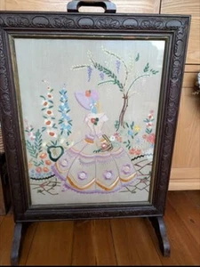 Antique early 1900's Fireplace Screen with Crinoline Lady  Applique Embroidery - Picture 1 of 6