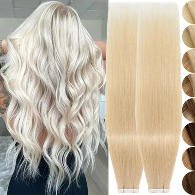 Fita adesiva em extensões de cabelo humano 100% Remy pele grossa trama cabeça cheia 80 peças - Imagem 1 de 4