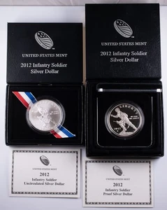 2012-W Infantry Soldier Proof/UNC Commem Silver $1 U.S. Mint OGP/COA Lot of 2  - Picture 1 of 4