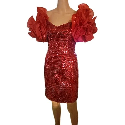 Vestido de graduación Feisty Le RAYE vintage de los años 90 rojo lentejuelas metálico manga abullonada talla 4 Foto 1 de 4