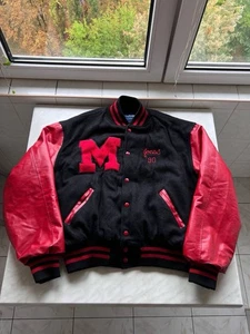 1990 VINTAGE BLACK WOOL LEATHER USA COLLEGE VARSITY BOMBER JACKET LETTERMAN XL - Picture 1 of 13