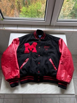 1990 CHAQUETA BOMBER VINTAGE NEGRA LANA CUERO EE. UU. UNIVERSIDAD UNIVERSITARIA LETTERMAN XL Foto 1 de 4
