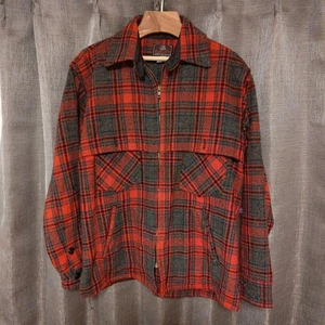 70s JOHNSON Woolen Mills Mackinaw Jacket Red Olive Check Vintage Size 16 L - Picture 1 of 7