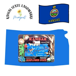 Kansas Magnet Brass Sunflower State Landmarks - Witchita, Dodge City, Topeka - Picture 1 of 2