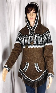 Womens M/L Alpaca Wool Ethnic Hooded Rib Knit Brow Sweater Fringe Made in Peru - Picture 1 of 20