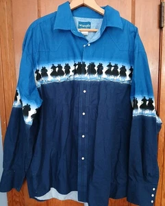 Vintage Wrangler Shirt Mens XXL  Blue Pearl Snap Western Cowboy Horses Cotton - Picture 1 of 12