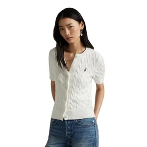 Polo Ralph Lauren Women's Cable Knit Cotton Short Sleeve Cardigan in White, L - Picture 1 of 8