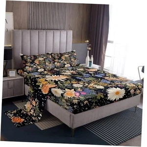 Size Flower Sheet Set: 1 Fitted Sheet, 1 Flat Sheet, 2 Pillowcases Queen Black - Picture 1 of 8