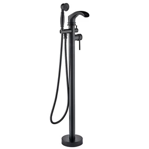 Black Freestanding Tub Faucet set Waterfall Tub Filler w/Hand Shower Floor Mount - Picture 1 of 9
