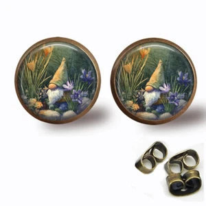 Fantasy Floral Garden Gnome Earrings Bronze Setting Studs Glass Dome Top - Picture 1 of 5