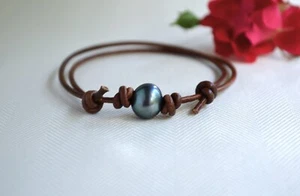 Single Pearl Bracelet Pearl Leather Bracelet Knotted Pearl on Leather Boho Yevga - Picture 1 of 11