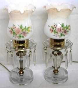 2 Vintage*Glass*Boudoir* Lamps Acrylic Prisms*Pink Flowered Hurricane* - Picture 1 of 1