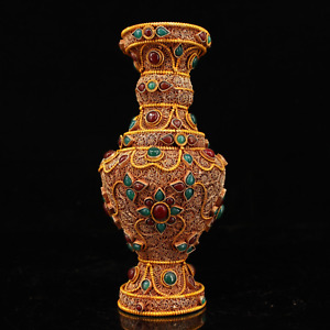 21 cm China Tibet Buddhism Vase inlay gem Tibetan Silver Vase Bottle
