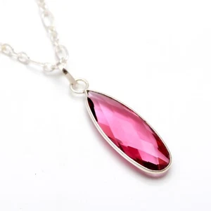 Pink Tourmaline Gemstone Necklace 925 Sterling Silver Chain Pendant Necklace 18" - Picture 1 of 6