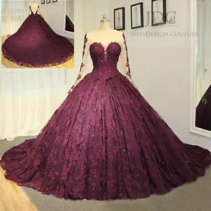 Prinzessin Sissi Corsage Spitze Brautkleid Ballkleid Rückenfrei Langarm Weinrot - Bild 1 von 6