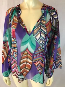 Karlie Blouse S Sheer Multicolor Abstract V-Neck Pullover 3/4 Sleeves Poly Boho  - Picture 1 of 9