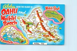 Vintage Postcard Hawaii Oahu & Waikiki Beach Cartoon Detailed Map Streets Cities - Foto 1 di 2