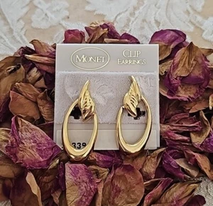 Pendientes Monet Vintage Tono Dorado Motivo Hoja Ovalado Lágrima Clip - Imagen 1 de 7