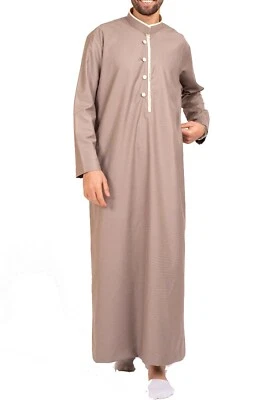 Túnica Islámica Beige Para Hombre Jubba Musulmán Con Cuello Alto Para Eid - Imagen 1 de 4