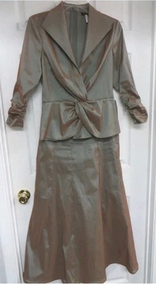 *TADASHI SHOJI TAFETA Mujer 8 Verde Elastizado Maxi Marrón Falda Conjunto Traje Nuevo Foto 1 de 4