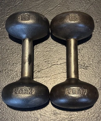 Винтажные Гантели YORK (2)15 фунтов Редкие Трудно найти Головы Булочек Круглые Большие Буквы - Изображение 1 из 4