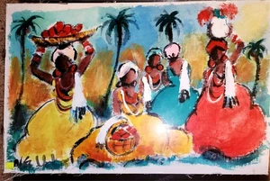 Original Volkskunst Gemälde auf Leinwand Frauen tragen Früchte einheimische Kunst signiert EUC - Bild 1 von 5