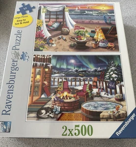 2 Nuevos Rompecabezas 2x500 piezas Rompecabezas Ravensburger Cabana Retreat Northern Lights - Imagen 1 de 4
