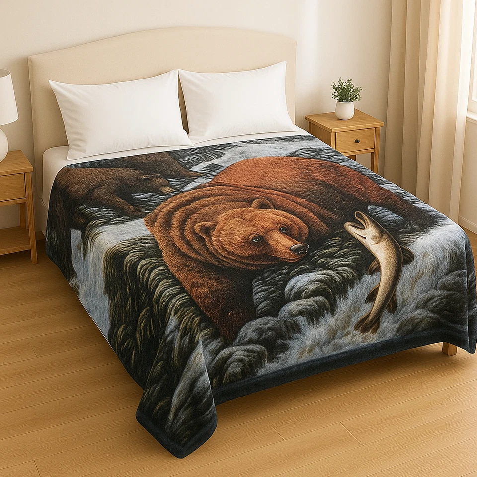 Чрезвычайно мягкий и теплый королева размер плюшевое одеяло, шикарный рыболовный медведь в реке  - Изображение 1 из 3
