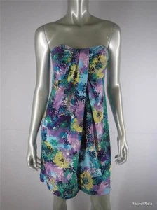 BCBG Dress Mini Strapless Sz S Blue Multi Colorful Floral Sexy Draped Fit Flare - Picture 1 of 8