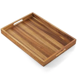17 Inch Acacia Wood Serving Tray with Handles - Large Wooden Tray for Ottoman... - Picture 1 of 7