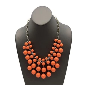Silver Tone Oval Link Chain Salmon Colored Acrylic Ball Bead Fashion Necklace  - Picture 1 of 12