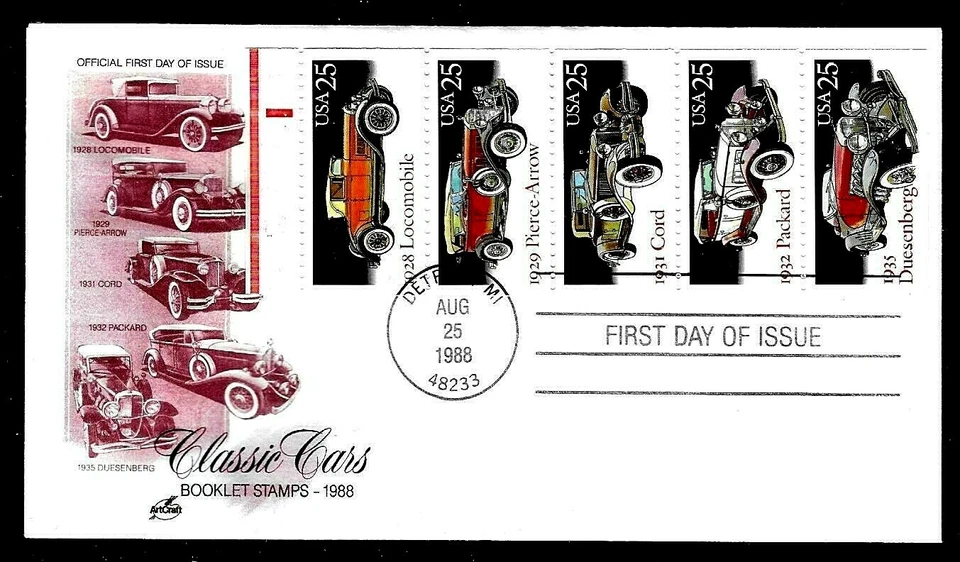 2385A 25c Stamp Set (Se-Tenant) (1988) THE CLASSIC CARS FDC FROM ART CRAFT - Image 1 of 1