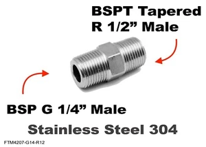 BSP G 1/4" MALE to BSPT Tapered R 1/2" MALE Stainless Sensor Adaptor Fittings - Picture 1 of 4