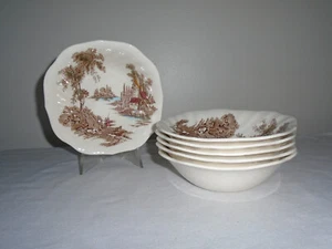 Johnson Brothers The Old Mill Brown Square Cereal Bowls 6 1/4" Set of 6 Vintage - Picture 1 of 3