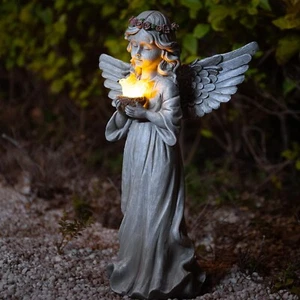 Engel Garten Statue Außendeko, Engel Figur hält Taube mit Solarleuchten... - Bild 1 von 7