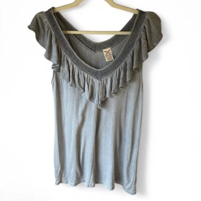 Blusa Gloria Desteñida Boho Gris Cuello Volantes Borde de Encaje Y2K Rayón Cachicho Foto 1 de 4