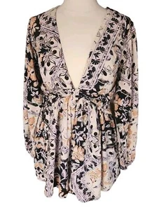 Free People Romper Women's Medium Multicolor Boho Nova Linen Blend Long Sleeve - Picture 1 of 11