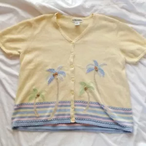 Alfred Dunner short sleeve yellow and blue beaded detail palm tree cardigan - Picture 1 of 6