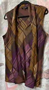 NINE WEST Brown Triangle Print Sleeveless Tie Collar Blouse Size XL - Picture 1 of 7