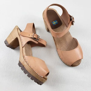 Mia Greta schwedische Clog Sandale Damen 5,5-6 EU 36 hellbraun Leder Plateau Chunky Schuh - Bild 1 von 11
