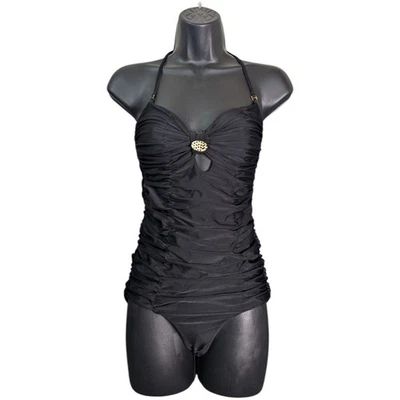 Traje de baño Tori Praver Marilyn de una pieza pequeño acanalado convertible negro  Foto 1 de 4